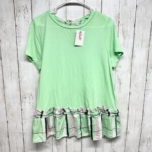 Crown & Ivy Shirt Women Sz Large Green Boat Neck Short Sleeve Blouse Plaid Trim